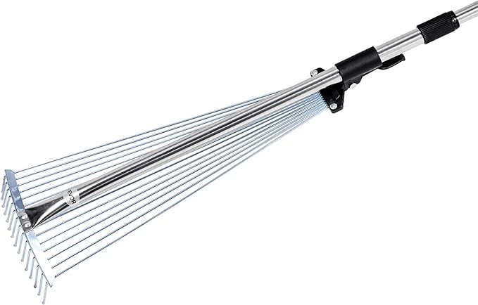 VEVOR Leaf Rake, 15 Metal Tines, Adjustable Garden Rake for Lawns with 7.5-22.4 Inch Wide Head & 32-63 Inch Long Handle, Heavy Duty Stainless Steel Small Leaves Tool for Gardening Camping Yard Grass