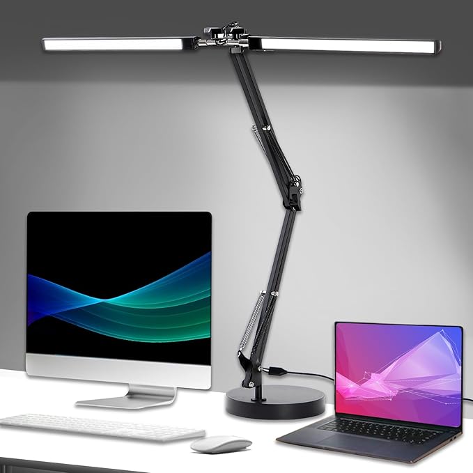 Double Swing Arm Bright LED Desk Light Adjustable Foldable Desk Lamp for Home Office, 3 Colors Lighting & Stepless Dimming Dimmable Table Desk Light for Work/Study/Craft