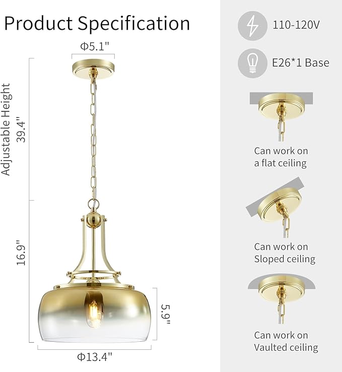 WUZUPS Gold Chandelier Rustic Farmhouse Industrial Round Ceiling Pendant LED Light Fixture with Gradient Glass Shade for Dining Room Kitchen Island Foyer Entryway, H 17" W 13.4", E26 Base