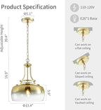 WUZUPS Gold Chandelier Rustic Farmhouse Industrial Round Ceiling Pendant LED Light Fixture with Gradient Glass Shade for Dining Room Kitchen Island Foyer Entryway, H 17" W 13.4", E26 Base