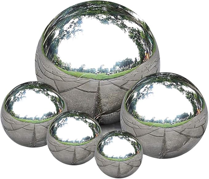 Nerien Gazing Ball, Stainless Steel Garden Mirror Globe, Polished Ornament Sphere, Hollow Floating Reflective Hemisphere, for Home Outdoor Pond Housewarming Swimming Pool Decoration, Silver, 5Pcs Mix