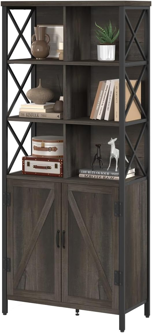 FATORRI Bookshelf with Doors, Rustic Wood Bookcase with Cabinet, Industrial Tall Cubby Book Shelf and Cube Organizer Shelf for Living Room (Walnut Brown)