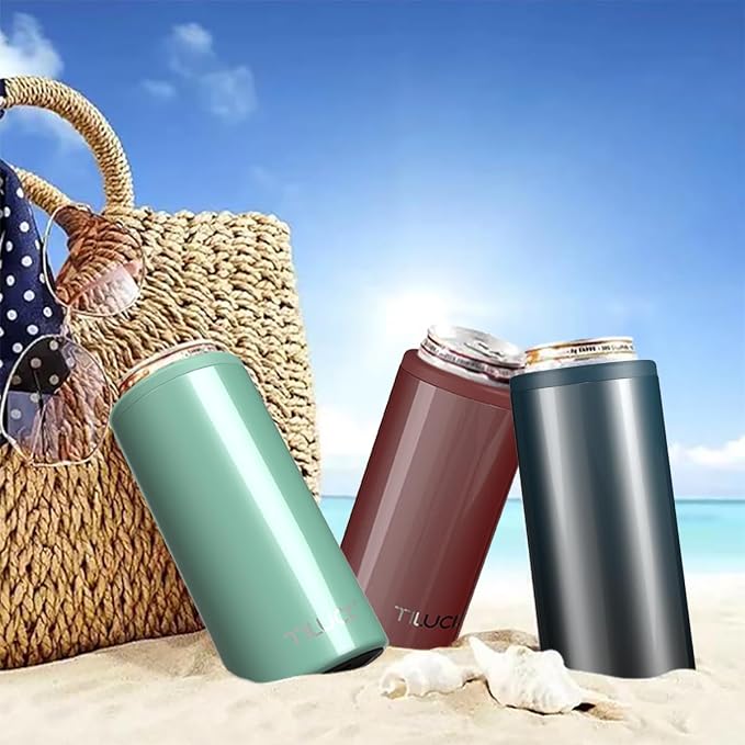 TILUCK Skinny Can Cooler, Stainless Steel Insulated Slim Cans, 12 oz | Beer & Hard Seltzer, Doucle-Walled Stainless Steel Insulated Slim Cans, Slim 12 oz (Glitter Aqua)