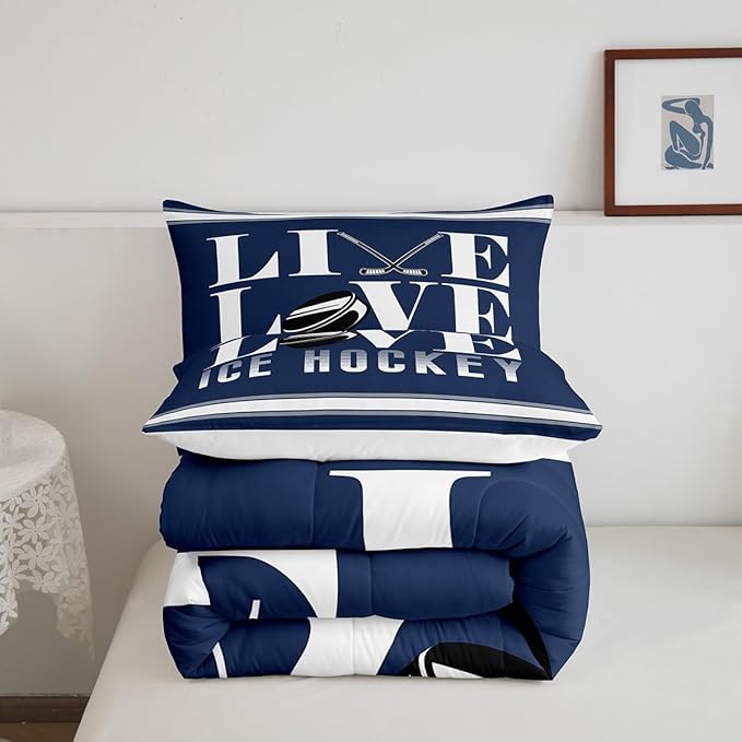 Feelyou Ice Hockey Bedding Set Twin Size Ice Sports Games Comforter Set for Kids Boys Girls Decor Hockey Player Comforter Microfiber Puck Hockey Duvet Set Bedroom Quilt Set