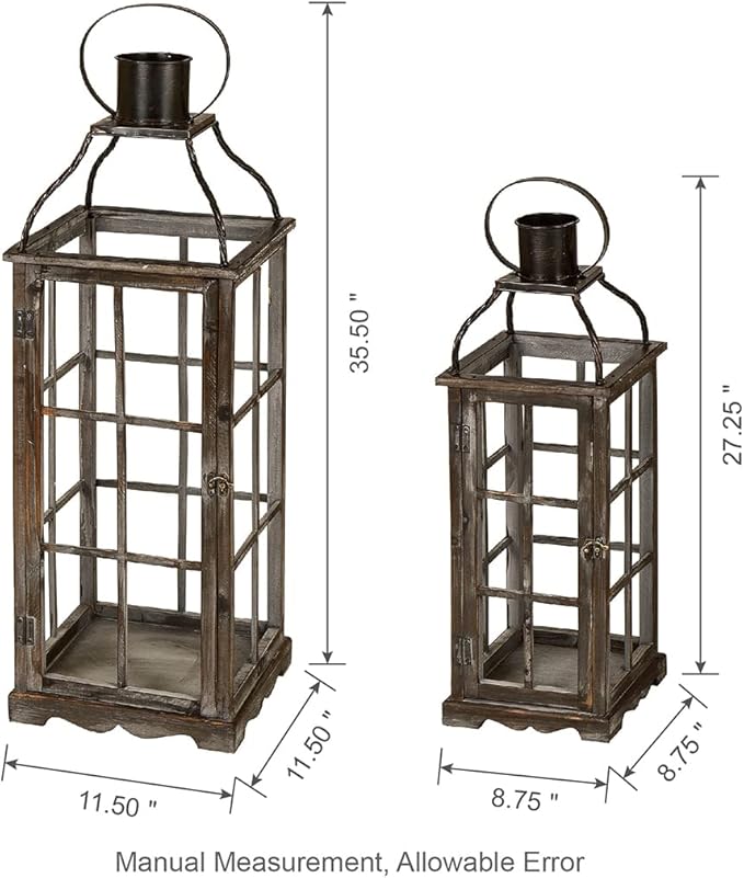 Glitzhome Farmhouse Oversized Wood Metal Lanterns Decorative Hanging Candle Lanterns Set of 2, Black (No Glass)