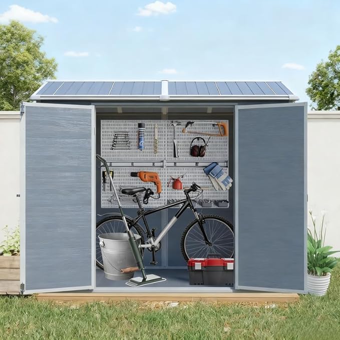 8x4 FT Resin Outdoor Storage Shed with Floor and 2 Windows, Outside Plastic Sheds Storage Clearance w/Lockable Door, Backyard Garden Tool House for Patio, Yard, Lawn, Bike, Gray