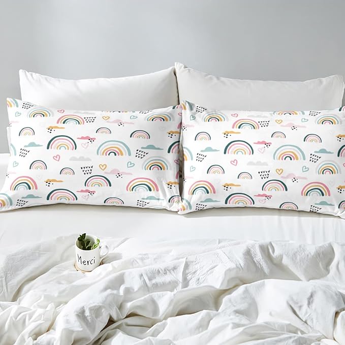 Erosebridal Rainbow Bedding Set for Kids Girls, Pink Love Heart Comforter Set Twin Size Cartoon Cloud Geometric Stripes Bedding Comforter for Boys Children Women Watercolor Art Girly Duvet Sets