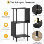 3 Tier Modern Bookshelf, S-Shaped Bookcase,Small Book Shelf for Small Spaces, Unique Bookshelf for Storage Organizer Living Room Bedroom Home Office, Black
