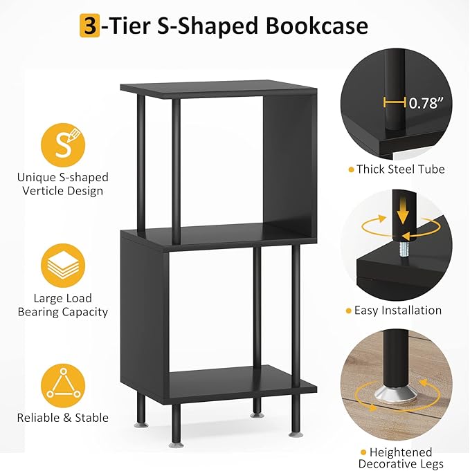 3 Tier Modern Bookshelf, S-Shaped Bookcase,Small Book Shelf for Small Spaces, Unique Bookshelf for Storage Organizer Living Room Bedroom Home Office, Black