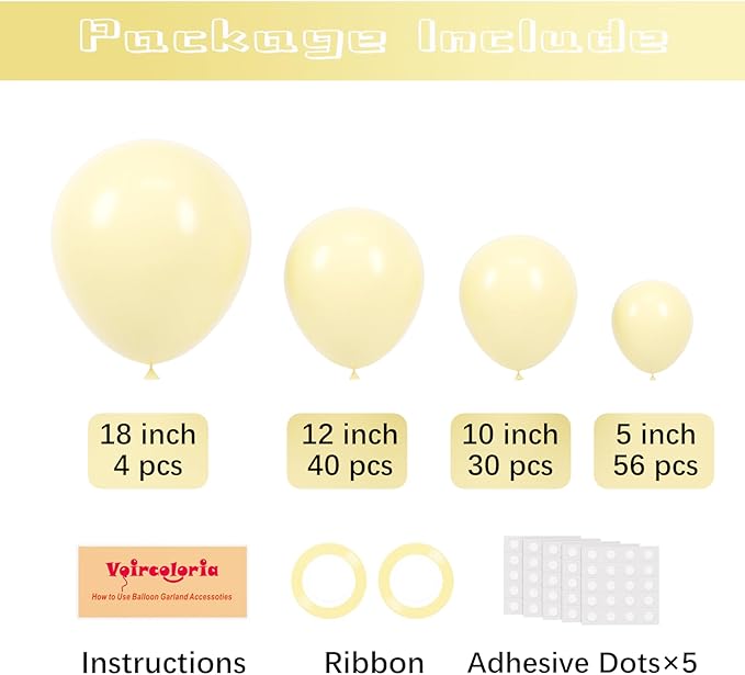 130pcs Pastel Yellow Balloons Different Sizes 18" 12" 10" 5" Light Yellow Latex Balloon Garland Arch Kit for Birthday Baby Shower Graduation Wedding Gender Reveal Party Decorations