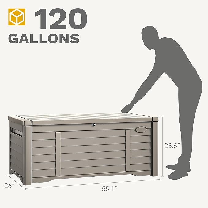 DWVO 120 Gallon Outdoor Storage Box, Large Resin Deck Box with Louver Design, Lockable Patio Storage Bin for Indoor and Outdoor Use, Pillows, Tools, and Pool Supplies -Light Brown