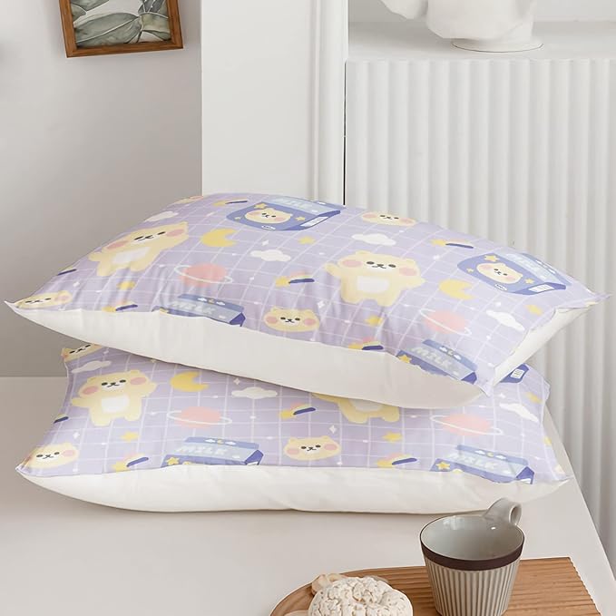 Bear Comforter Twin Size,Kawaii Comforter Set for Kids Teens Girls,3Pcs Bedding Set Printed Comforter with 2 Pillowcases,Down Alternative,Soft and Lightweight(Purple，Twin Size)