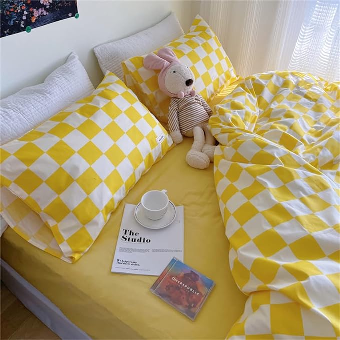 Wellboo Yellow and White Comforter Sets King Women Men Bright Yellow Checkerboard Grid Bedding Comforters Cotton Boys Girls Modern Light Yellow Checkered Geometric Quilts Luxury Elegant Yellow Bed
