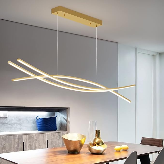 Modern Chandelier, Linear Pendant Light LED Dimmable Hanging Light Fixture, 3000K-6000K with Remote Control (Gold, 47IN)
