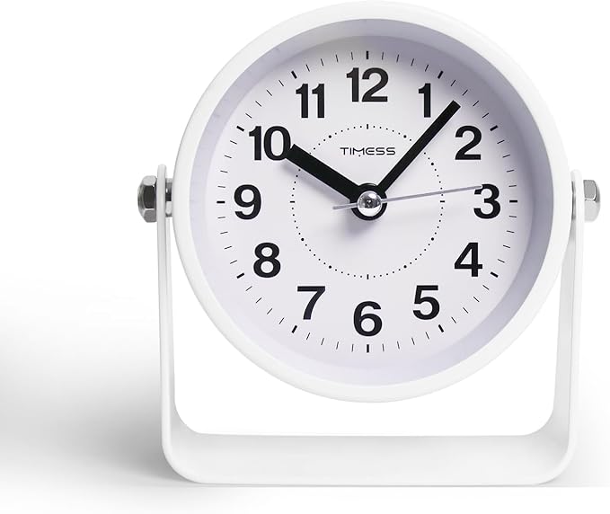 Analog Alarm Clock, Silent Non-Ticking Quartz Movement, Battery-Operated with Snooze & On-Demand Light, Easy to Set Gentle Wake Bedside Desk Clock, Ideal for Home, Travel, Office (White)