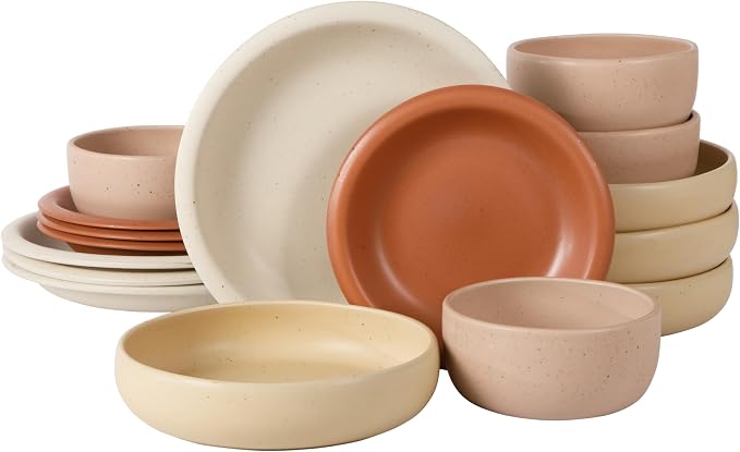 Bloomhouse Corsica Clay Dinnerware Set - Stackable Colorful Boho Reactive Glaze Plates and Bowls Set -2 Time Oprah's Favorite Things Brand- 16 Piece (Service for 4)- Matte Assorted Pottery Colors