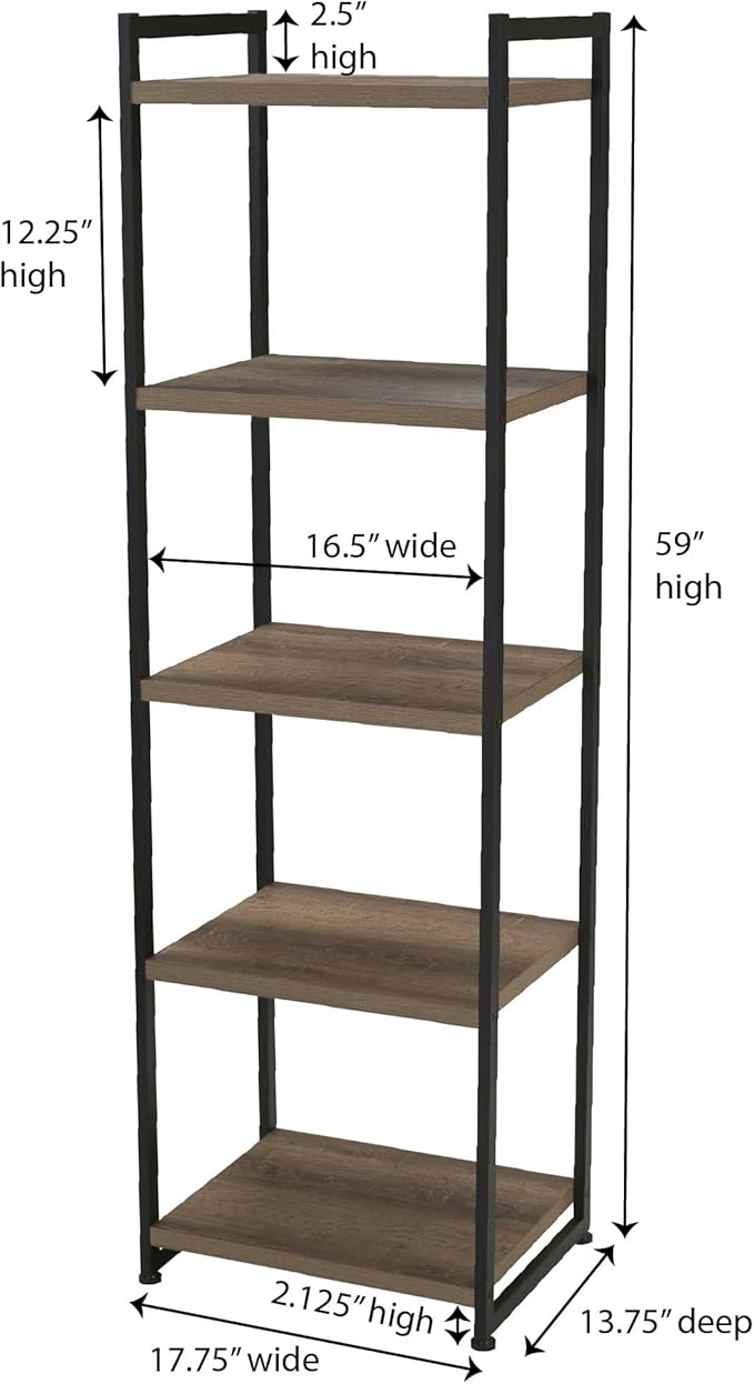 Household Essentials 5 Tier Storage Tower Metal, Grey Shelf – Black Frame, Ashwood