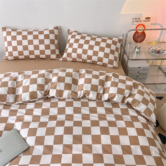 Wellboo Light Brown Plaid Comforter Sets Twin Women Men Cream Coffee and White Checkerboard Grid Bedding Comforters Cotton Boys Girls Modern Light Taupe Checkered Geometric Quilts Luxury Abstract Bed