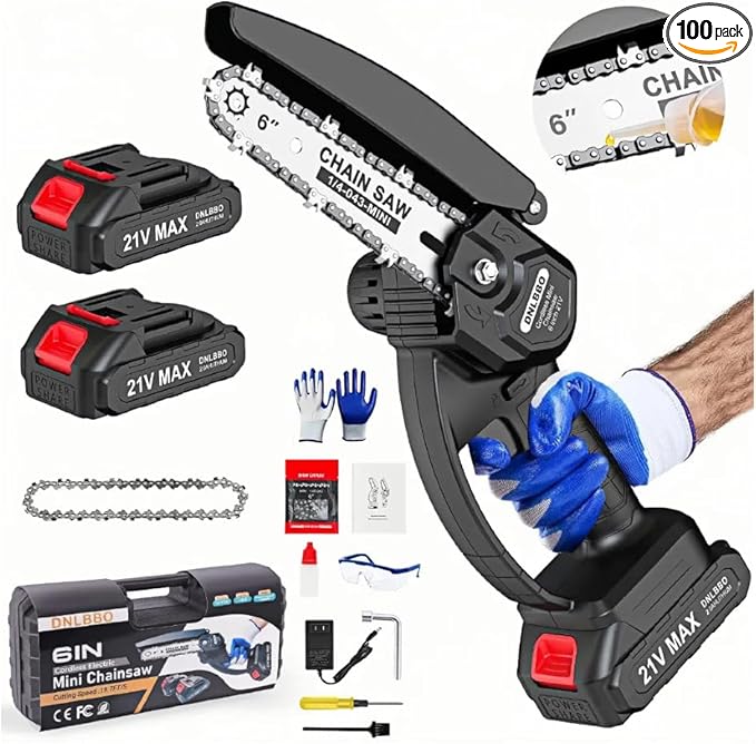 Mini Chainsaw Cordless, 6 Inch Chain Saw Cordless, 700W Powerful Electric Handheld Chainsaw, with 2 Batteries and 2 Chains, Tree Trimmer Gardening Tools Gift for Men, Father, Dad