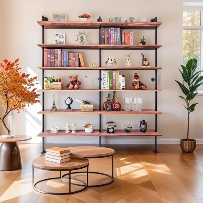Industrial Ladder Shelf Bookcase, Wall Mounted Rustic Bookshelf, Retro Wood Metal Pipe Industrial Shelves for Living Room(Weathered Brown, 6 Tier - 10" D x 70" W x 82.5" H)