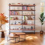 Industrial Ladder Shelf Bookcase, Wall Mounted Rustic Bookshelf, Retro Wood Metal Pipe Industrial Shelves for Living Room(Weathered Brown, 6 Tier - 10" D x 70" W x 82.5" H)