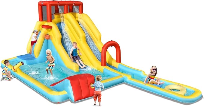 BOUNTECH Inflatable Water Slide, Dual Surfing Slides Kids Water Slide Park Jump Bouncy Castle w/2 Swimming Rings, Large Splash Pool, Backyard Outdoor Blow up Water Slides Inflatables for Big Kids