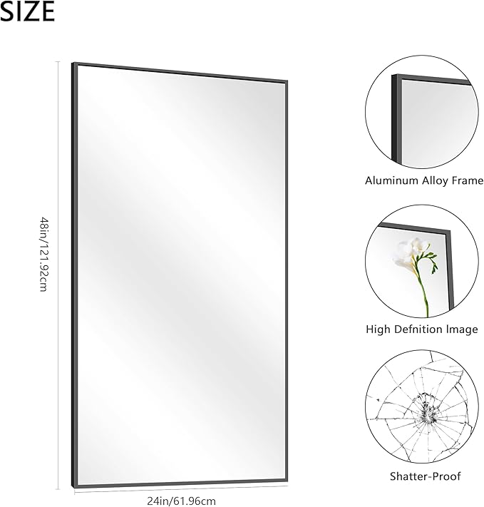 48x24In Black Bathroom Mirror for Wall, Rectangle Mirrors with Metal Frame, Bathroom Rectangular Mirror Modern Wall Mirror for Bedroom Living Room, Entryway Hangs Horizontal or Vertical