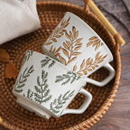 Small Ceramic Mug 1pc, 11oz - Vintage Coffee Mug, Handmade Pottery Cup for Milk, Latte, Cappuccino, Tea - Porcelain Dishwasher, Microwave Safe Stoneware Green Leaf