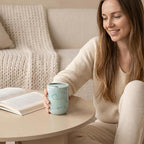 Handmade Ceramic Coffee Mug with Half Lid, 17oz Unique Tea Coffee Cup with Sip-top Lid, Sea Foam