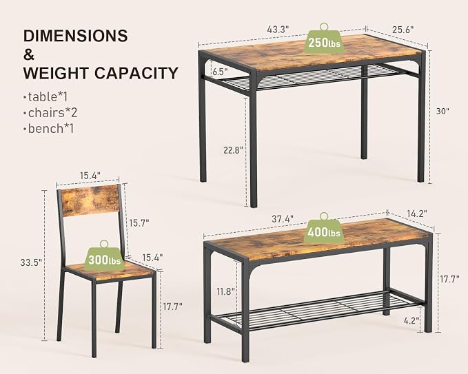 Gizoon 4-Piece Dining Table Set for 4, Kitchen Table with Bench Rustic | Space-saving rustic 4-piece dinette set with metal storage rack. Includes 2 ergonomic chairs and 1 bench. Easy to clean.