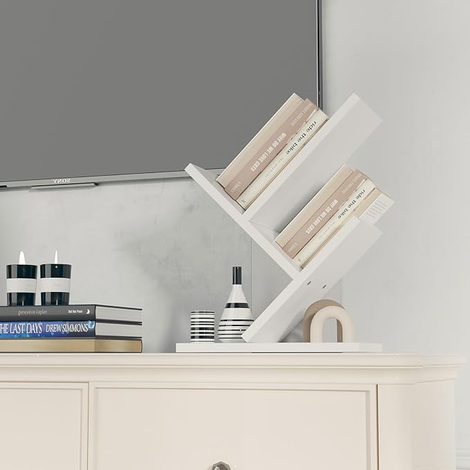 YMYNY 2 Tier Tree Bookshelf, Small Bookcase, Modern Wood Book Storage Rack Organizer, Freestanding Book shelf for Books/Movies/CDs, Display Rack for Bedroom, Home Office, White UHBC012W