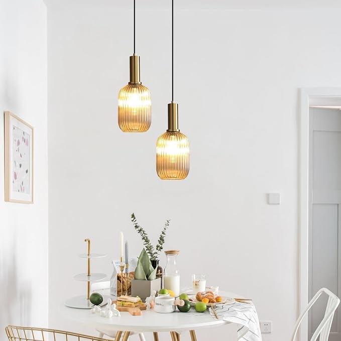 KCO Modern Brushed Gold Mini 5.1” Cylinder Amber Ribbed Glass Pendant Light | E26 Bulb Hardwired, Adjustable Cord Mid Century Vintage Brass Hanging Ceiling Lamp for Sloped Ceiling Kitchen Dining Room Bar