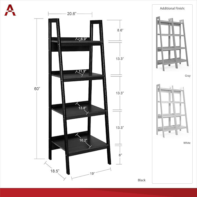 Ameriwood Home Lawrence 4 Shelf Ladder Bookcase Bundle, Black