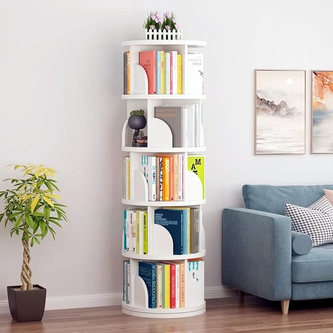 Nisorpa 5 Tier Rotating Bookshelf, 360° Revolving Bookcase Rotating Stackable Shelves Floor-Standing Storage Display Rack Used in Bedrooms Living Rooms Study Office (63"x18"x18")
