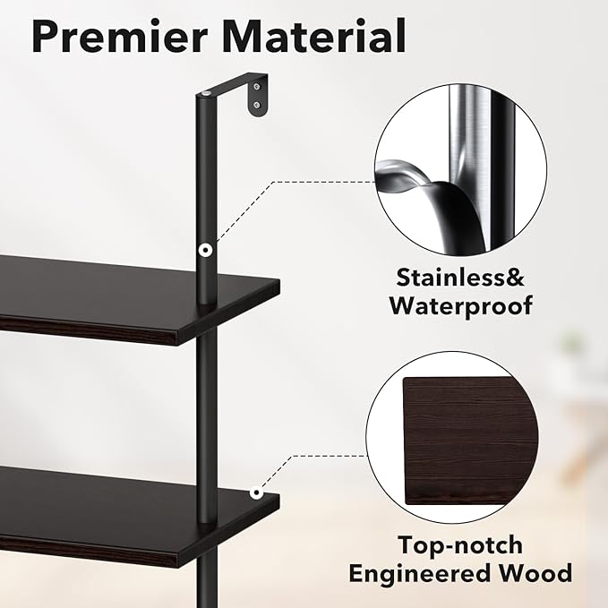 Ladder Shelf Bookcase 5 Tier, Extra Sturdy Modern Bookshelf Wall Mounted, Tall Black Open Book Shelf, Standing Industrial Metal Frame with Wooden Shelves