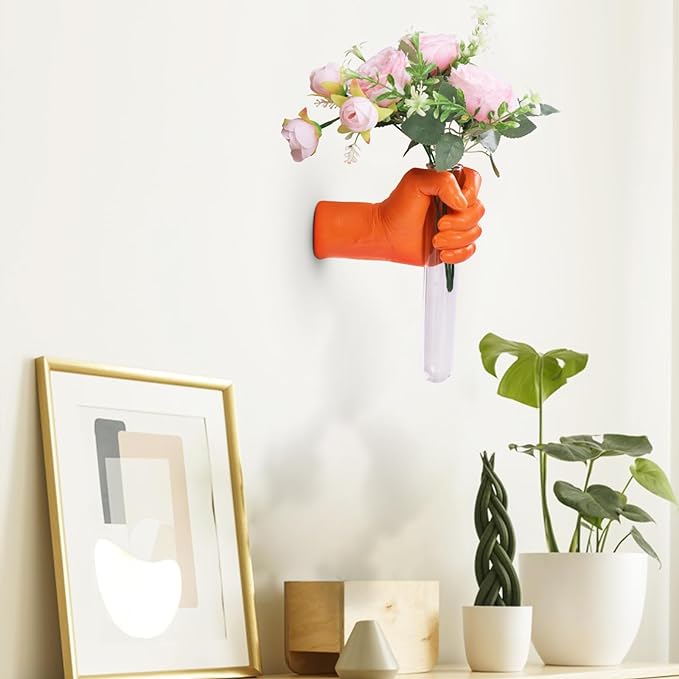 Orange Wall Sculptures, Hand Vases Home Decor, Wall Mount Art Sculpture, Unique Wall Art Statue, Funky Flower Vase Decorations, Modern Eclectic Hanging Decor,Glass Test Tube Vase (Orange)