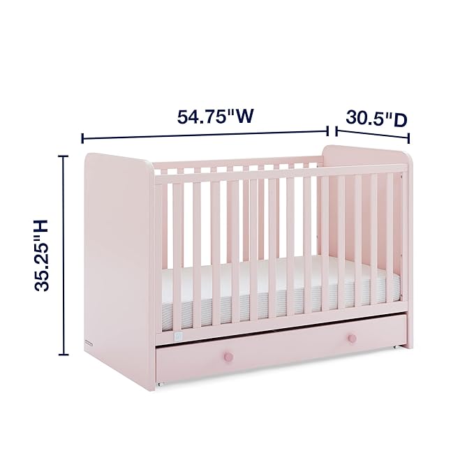 babyGap by Delta Children Graham 4-in-1 Convertible Crib with Storage Drawer TrueSleep Crib and Toddler Mattress (Bundle), Blush Pink/Dark Pink