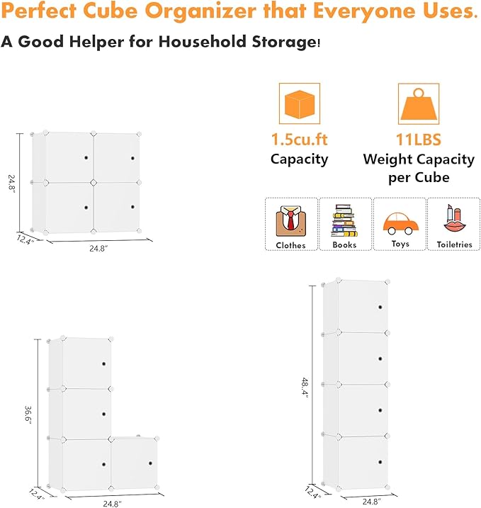C&AHOME Cube Storage Organizer with Doors, 4-Cube Shelves, Closet Cabinet, DIY Plastic Modular Bookshelf Ideal for Bedroom, Living Room, 24.8" L x 12.4" W x 24.8" H Milky USHS04M-DOOR