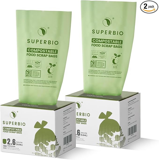 SUPERBIO 2.6 Gallon Flat Top Compostable Food Waste Bags, 100 Count, 2 Pack,9.84L, Food Scrap Bags, BPI Certified and OK compost INDUSTRIAL