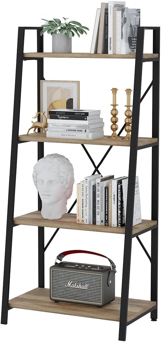 BON AUGURE Farmhouse Ladder Shelf Bookcase, 4 Tier Rustic Ladder Bookshelf, Standing Leaning Book Shelves for Living Room (Vintage Oak)