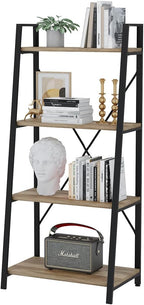 BON AUGURE Farmhouse Ladder Shelf Bookcase, 4 Tier Rustic Ladder Bookshelf, Standing Leaning Book Shelves for Living Room (Vintage Oak)