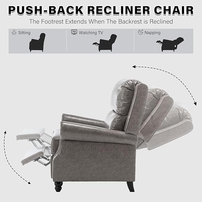 UIXE Pushback Recliner Chairs Set of 2, Faux Leather Armchair Push Back Accent Chair for Living Room, Rivet Trim Club Arm Chair Overstuffed Home Theater Single Sofa Reading Seat with Footrest - Gray