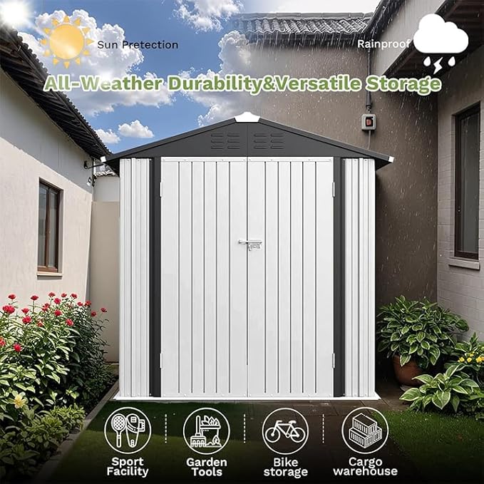 Greesum 6x4FT Outdoor Storage Shed, Metal Storaged Sheds with Lockable Doors, Sheds & Outdoor Storage for Bike, Backyard, Pool and Garden, White