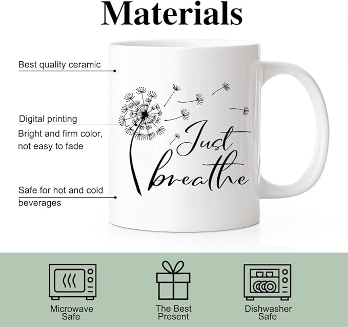 RZHV Just Breathe 11 Oz Novelty Mug, Funny Dandelion Coffee Mug for Floral Lover, Calming Gifts for Yoga Lover, Meditation Mental Health Gifts for Women