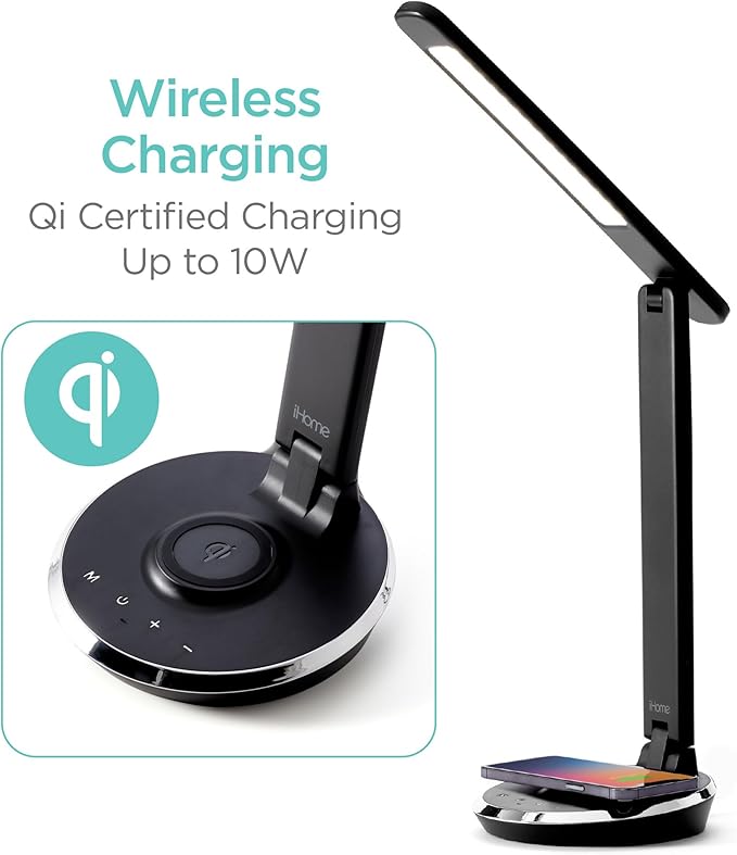 iHome Desk Lamp with Charging Station, Reading Light with Wireless Charging and USB Charging – Black (ILW200B)