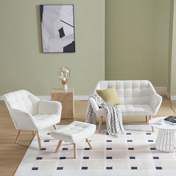 48”Small Loveseat Sofa, Modern Sherpa Upholstered Mini Couch 2-Seater Fluffy Love Seat with Quilting Backs and Wood Legs for Living Room, Bedroom and Small Space, White