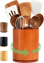 Wood Utensil Holder, 360° Rotating 7.3 in Kitchen Organizer | Rustic farmhouse countertop decor. 360° rotating base holds spatulas, ladles, tongs, and cooking tools. Rich cherry finish