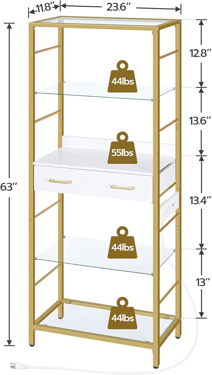 HOOBRO 5 Tier Bookcase, White and Gold Bookshelf with Drawer, Storage Shelves with Charging Station, Tempered Glass Bookshelf with Metal Frame, Open Display Shelves for Living Room, Gold DW65USJ01