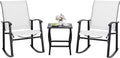 Shintenchi 3 Piece Rocking Bistro Set, Outdoor Furniture with Rocker Chairs and Glass coffee table set of 3, Balcony, Porch Furniture for Small Space, White
