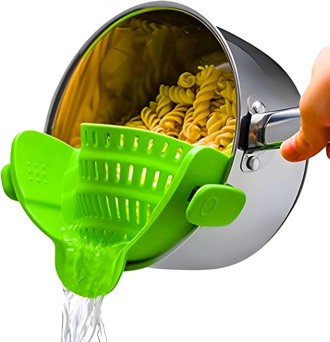 Kitchen Gizmo Snap N' Strain Clip On Strainer for Pots and Pans - Collapsible Silicone Pasta Strainer and Kitchen Gadget for Cooking - Easy to Use, Heat Resistant and Space Saving Colander - Green
